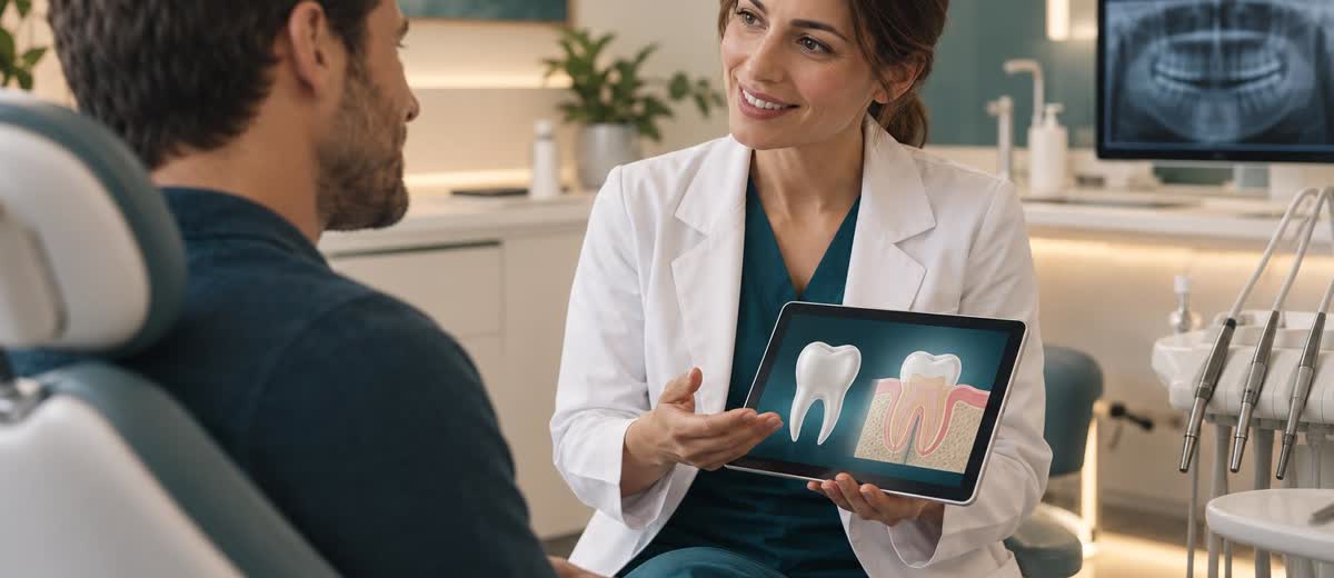 Dentista explicando la conexión entre salud oral y salud general