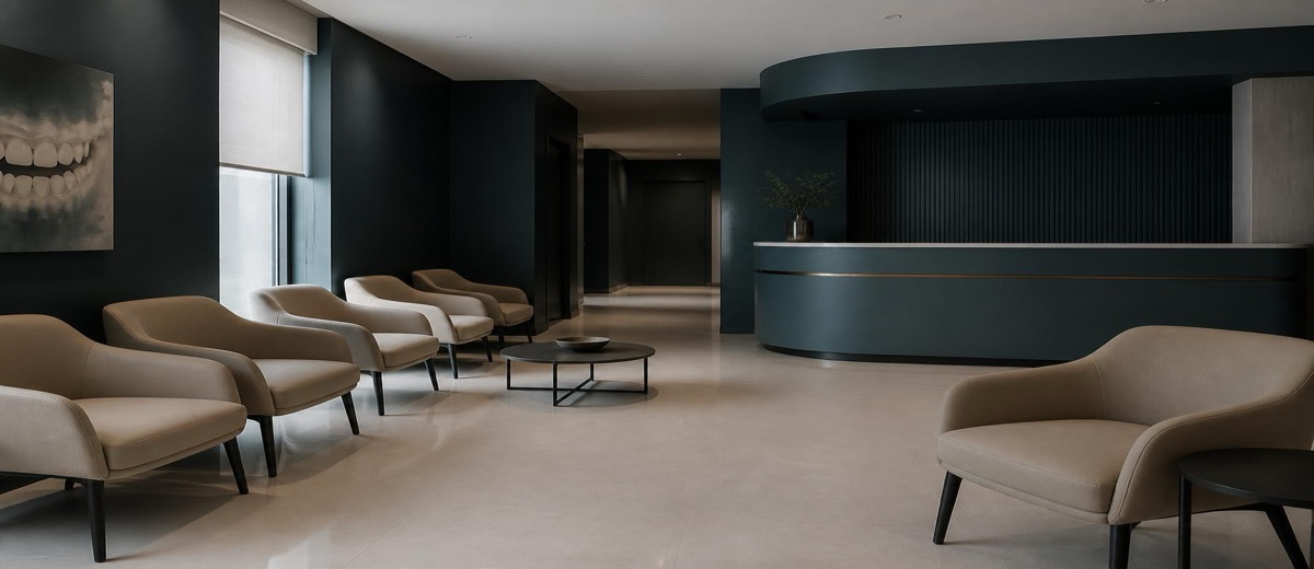 Sala de espera vacía de una clínica dental cerrada