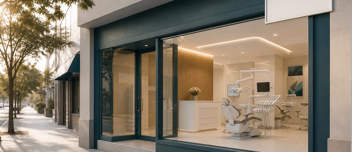 Clínica dental con cartel de venta en fachada, interior vacío