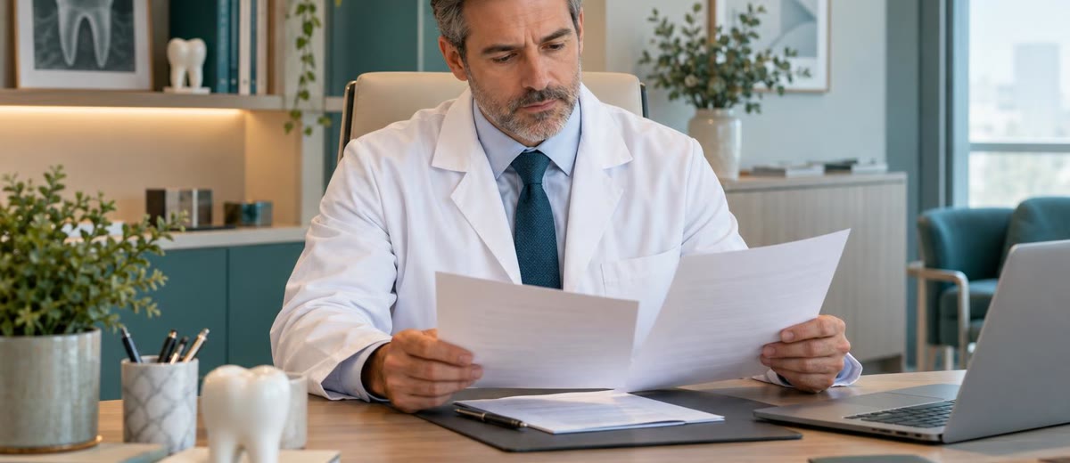 Director de clínica dental revisando datos de rentabilidad