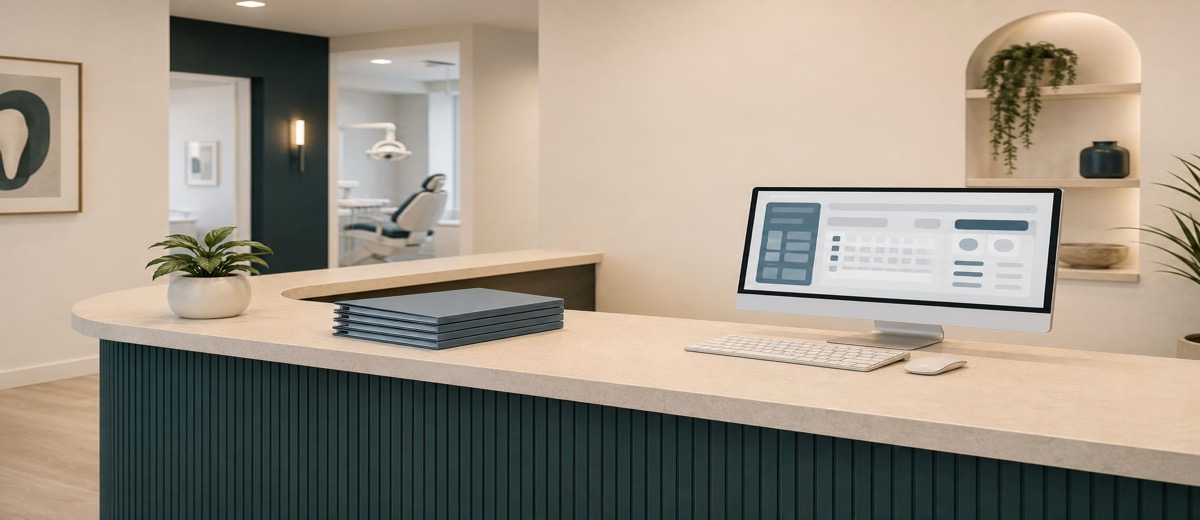Recepción de clínica dental vacía y perfectamente organizada