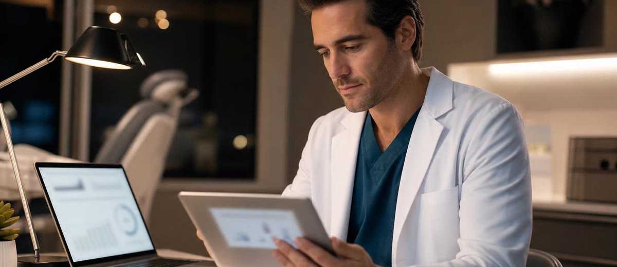 Dentista revisando datos de gestión en pantalla