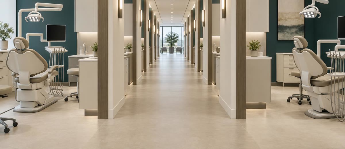 Pasillo de clínica dental corporativa con varios sillones en perspectiva