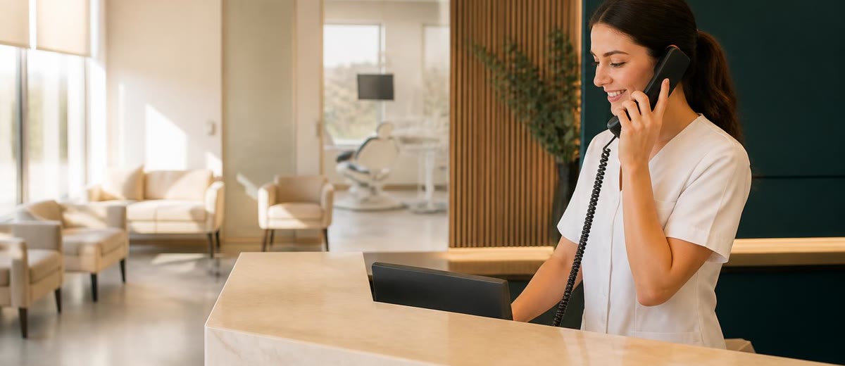 Recepcionista con bata blanca atendiendo una llamada en la recepción de una clínica dental