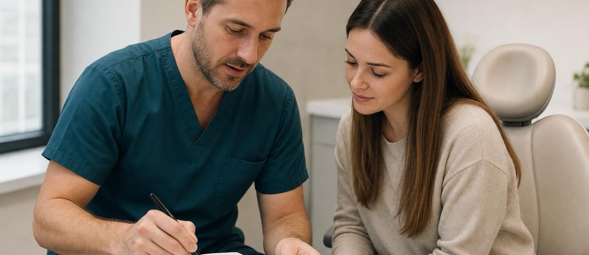 Doctor explicando un tratamiento dental con un dibujo antes de presentar el presupuesto