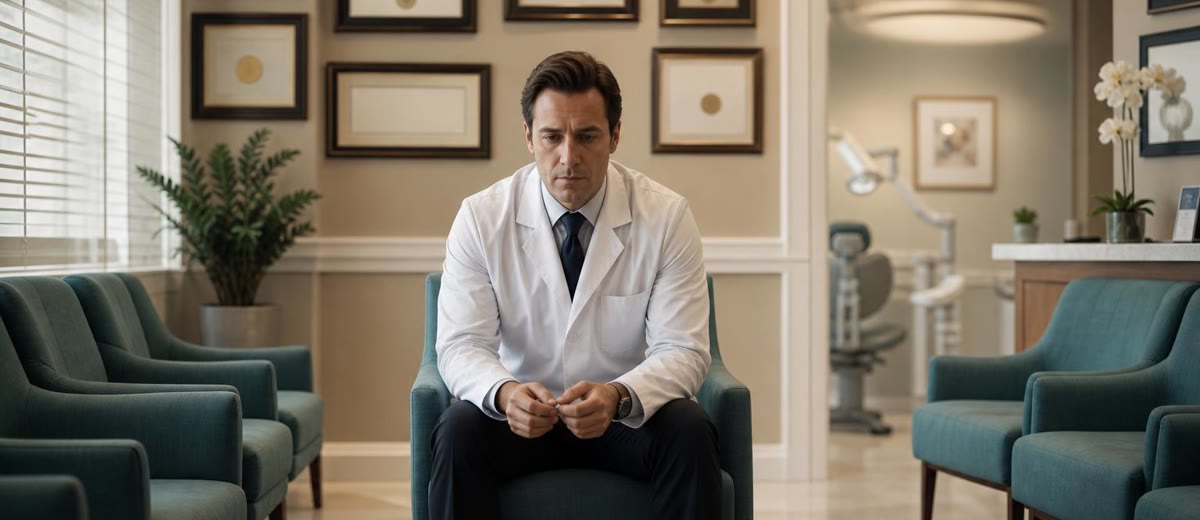 Profesional de clínica dental revisando la gestión de pacientes en un despacho sobrio