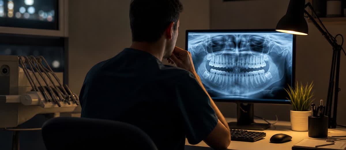 Profesional dental revisando una radiografía con apoyo tecnológico