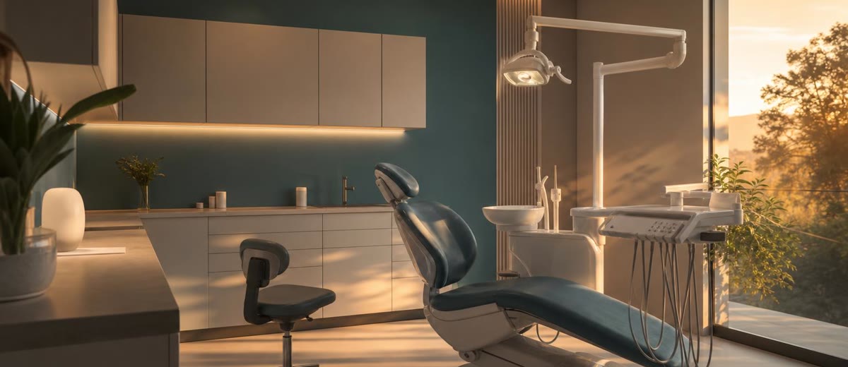 Fachada de clínica dental al atardecer