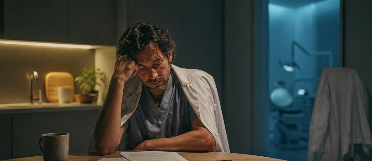 Dueño de clínica dental revisando gestión por la noche en casa