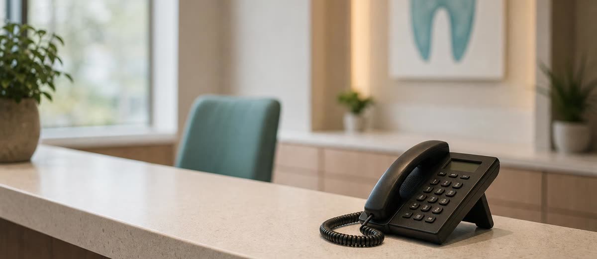 Recepción vacía de clínica dental con teléfono sobre el mostrador