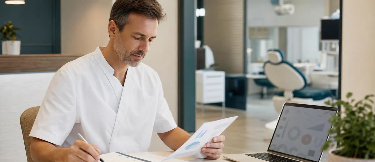 Dentista revisando la gestión de marketing dental en una pantalla