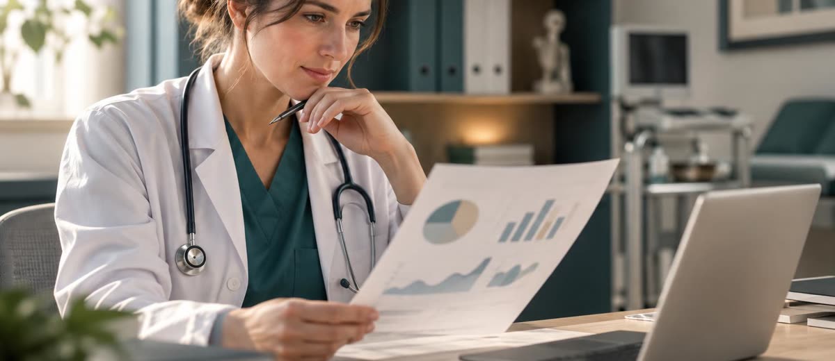 Profesional sanitario revisando métricas de gestión clínica