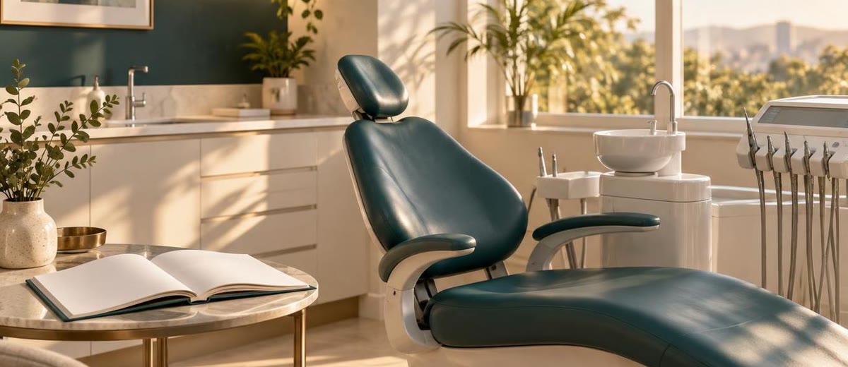 Silla dental vacía con expediente abierto y luz cálida